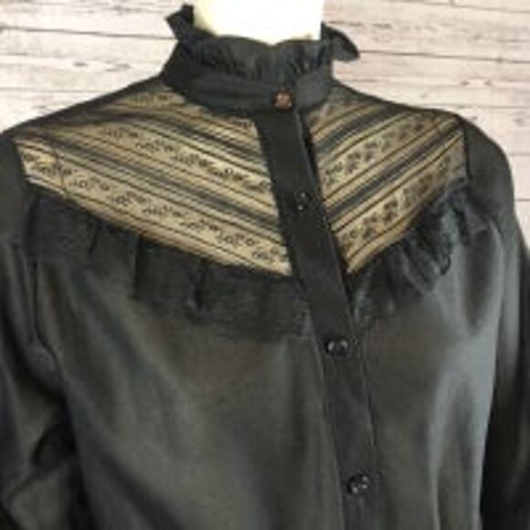 American Vintage Pretty Tops black lace & frilled blouse high neck size medium - Picture 3 of 12